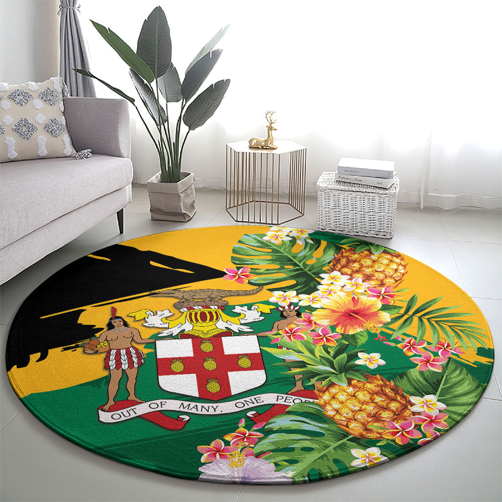 Jamaica Pineapple Round Carpet Coat of Arms Tropical Flowers
