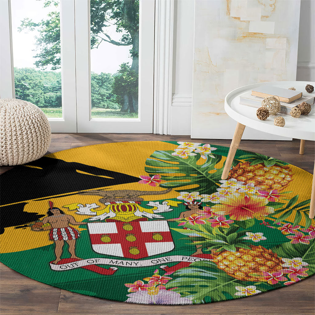 Jamaica Pineapple Round Carpet Coat of Arms Tropical Flowers