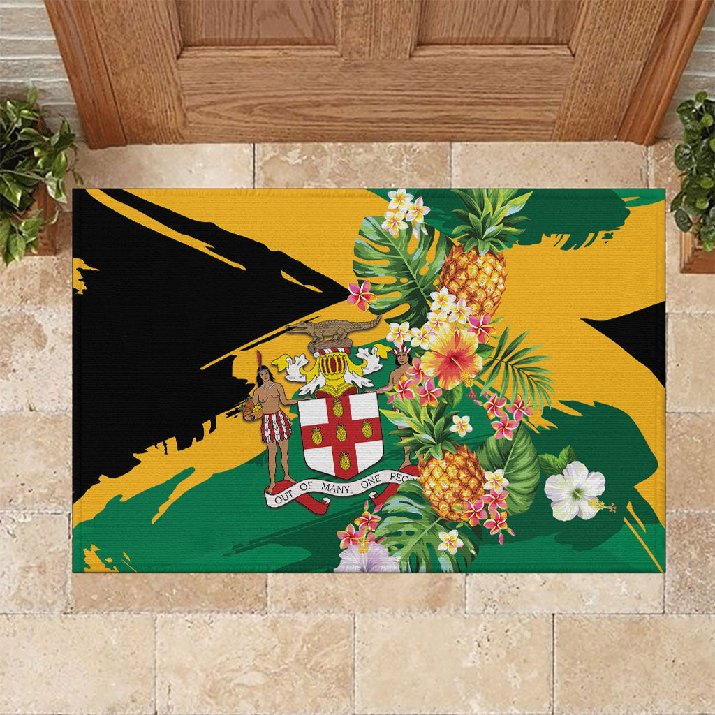 Jamaica Pineapple Rubber Doormat Coat of Arms Tropical Flowers