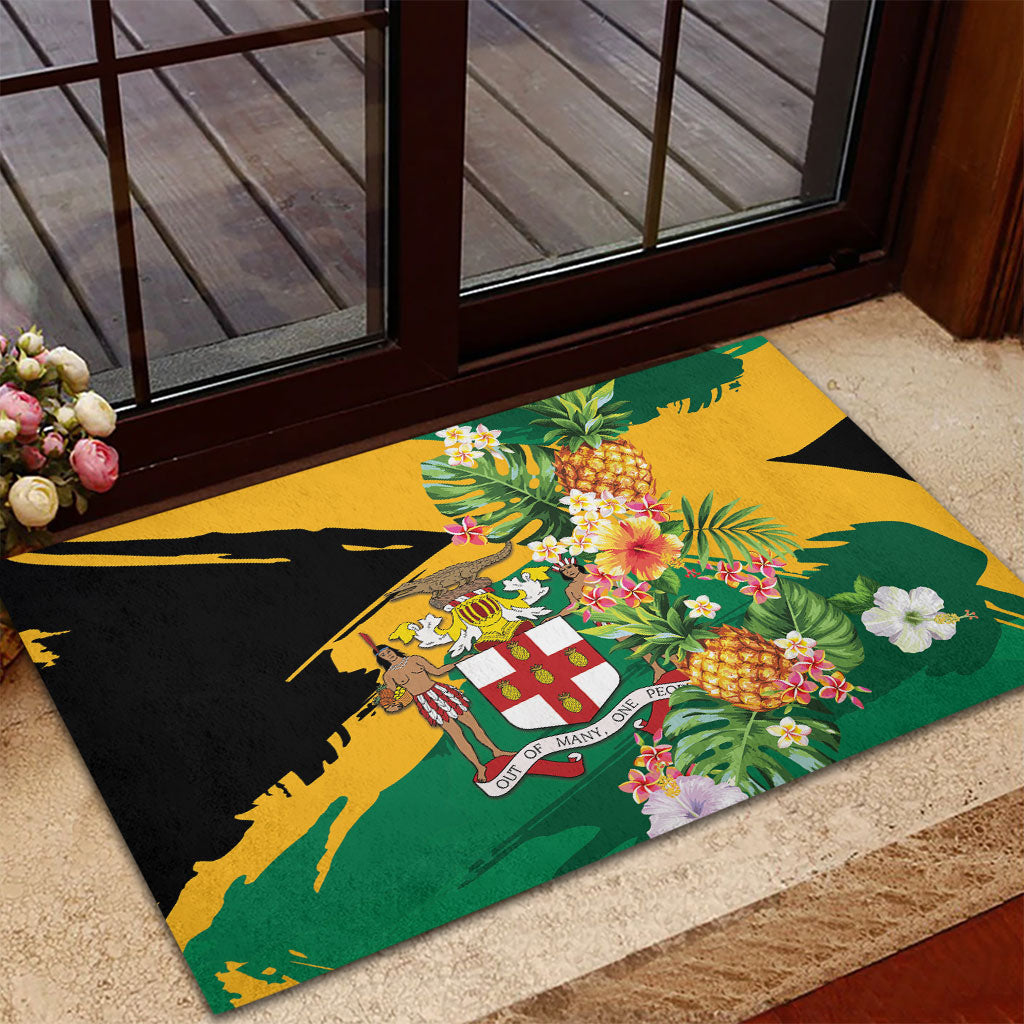 Jamaica Pineapple Rubber Doormat Coat of Arms Tropical Flowers
