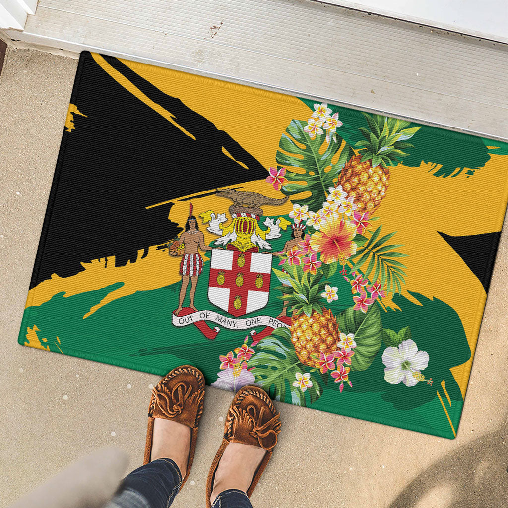Jamaica Pineapple Rubber Doormat Coat of Arms Tropical Flowers