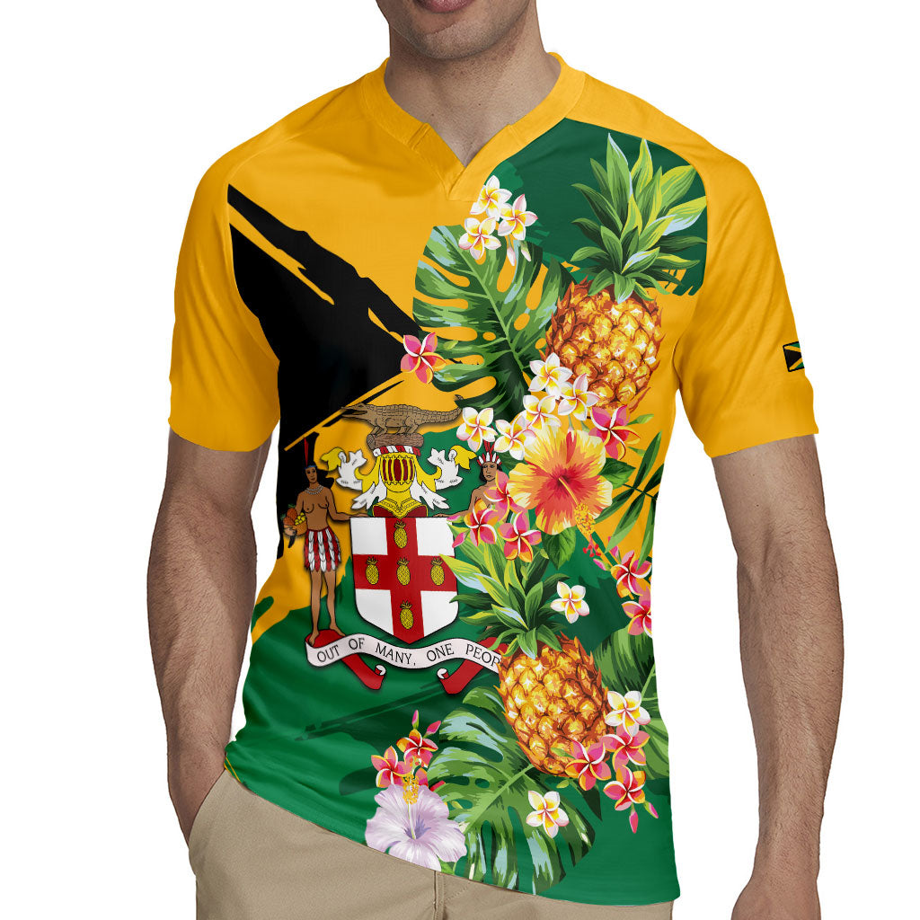 Personalized Jamaica Pineapple Rugby Jersey Coat of Arms Tropical Flowers