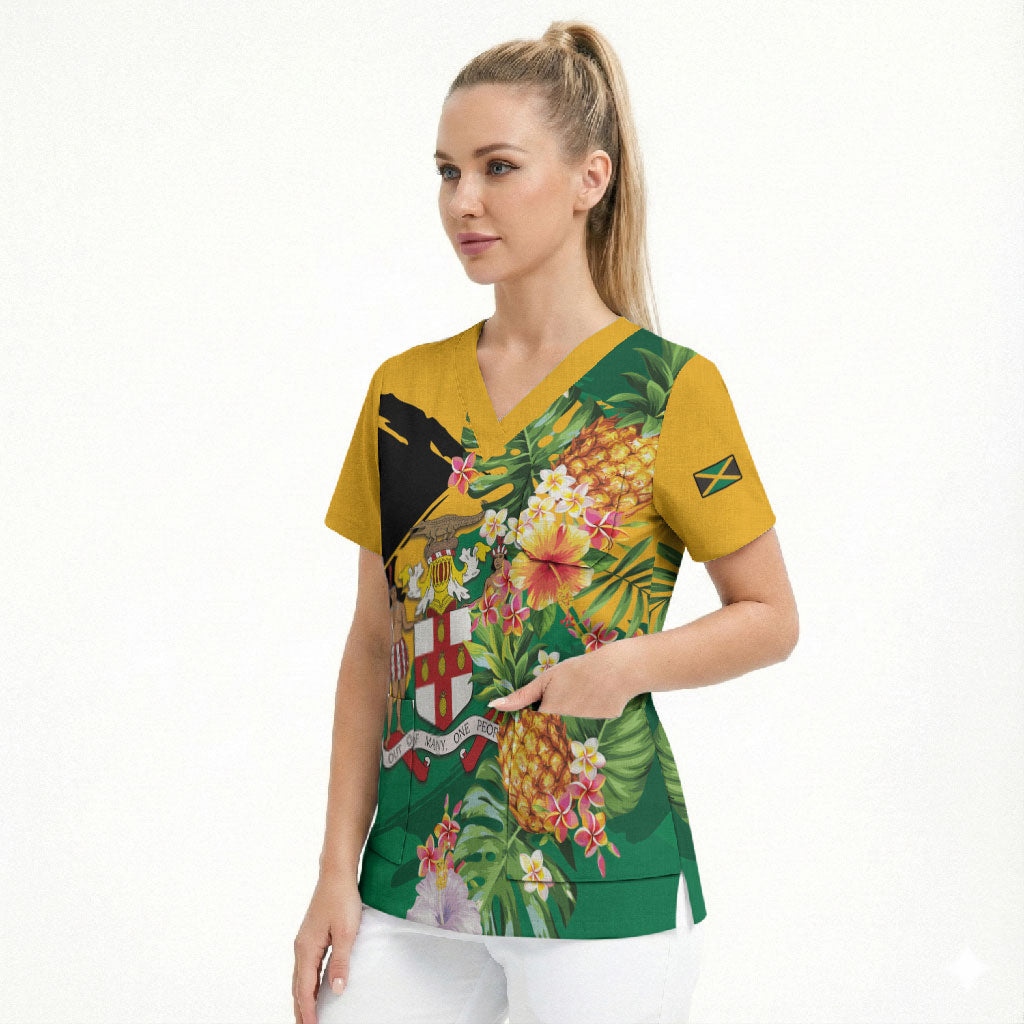 Personalized Jamaica Pineapple Scrub Top Coat of Arms Tropical Flowers