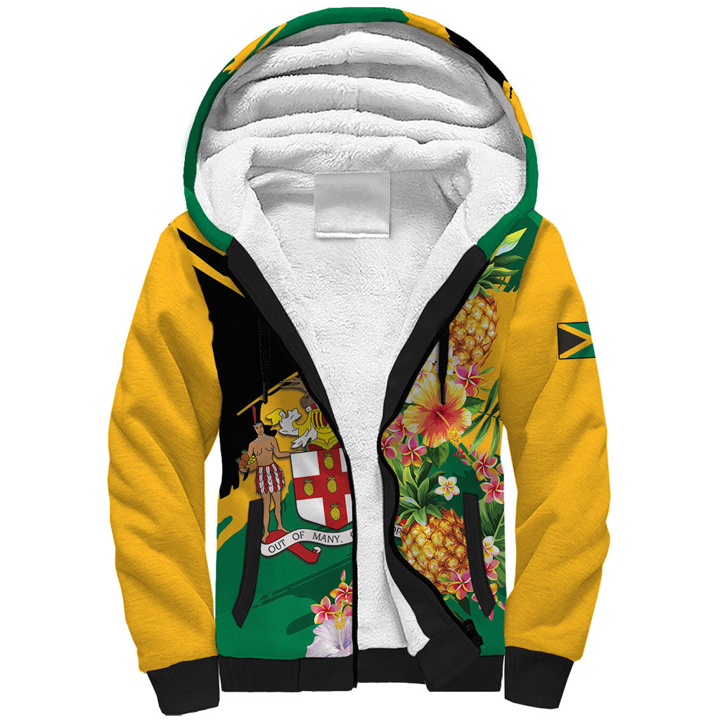 Personalized Jamaica Pineapple Sherpa Hoodie Coat of Arms Tropical Flowers