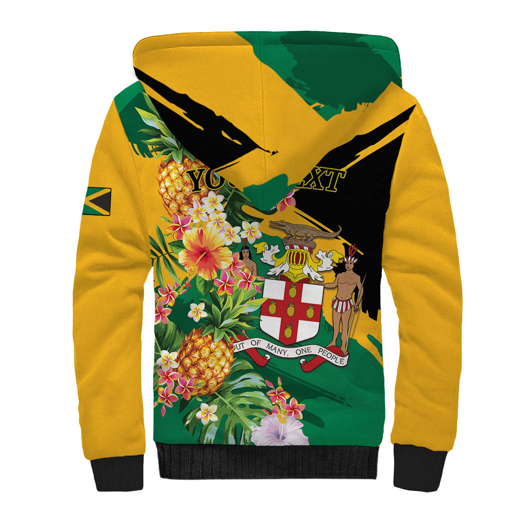 Personalized Jamaica Pineapple Sherpa Hoodie Coat of Arms Tropical Flowers