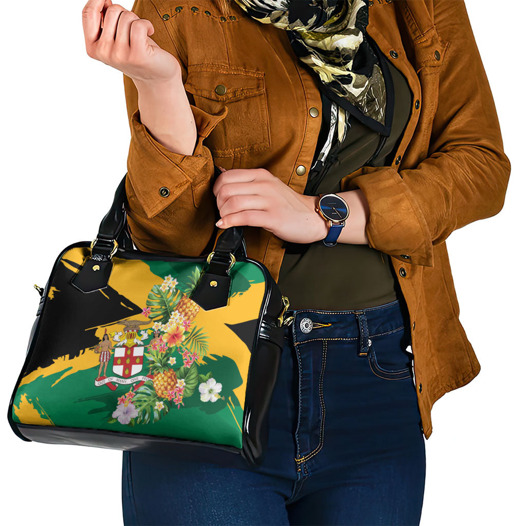 Jamaica Pineapple Shoulder Handbag Coat of Arms Tropical Flowers