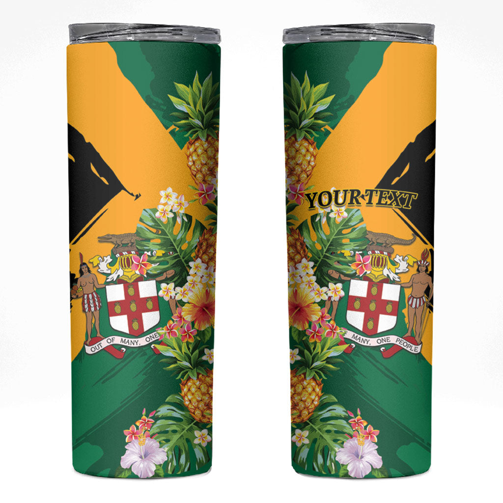 Personalized Jamaica Pineapple Skinny Tumbler Coat of Arms Tropical Flowers