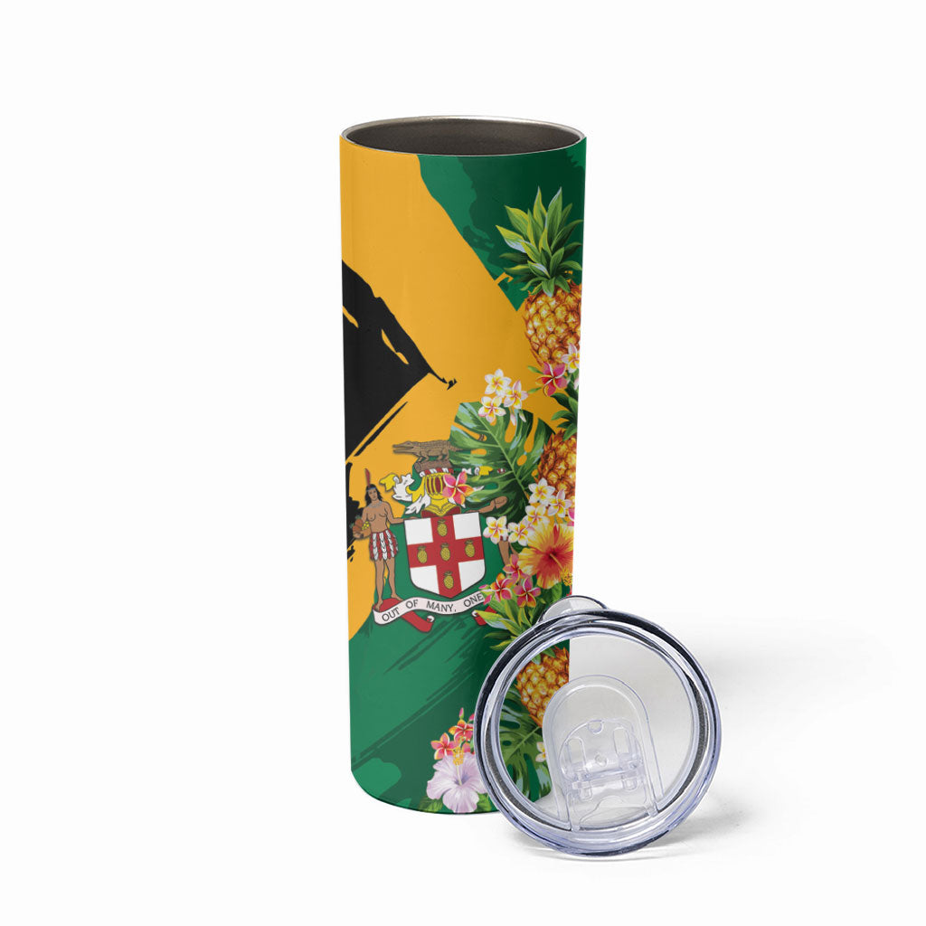 Personalized Jamaica Pineapple Skinny Tumbler Coat of Arms Tropical Flowers