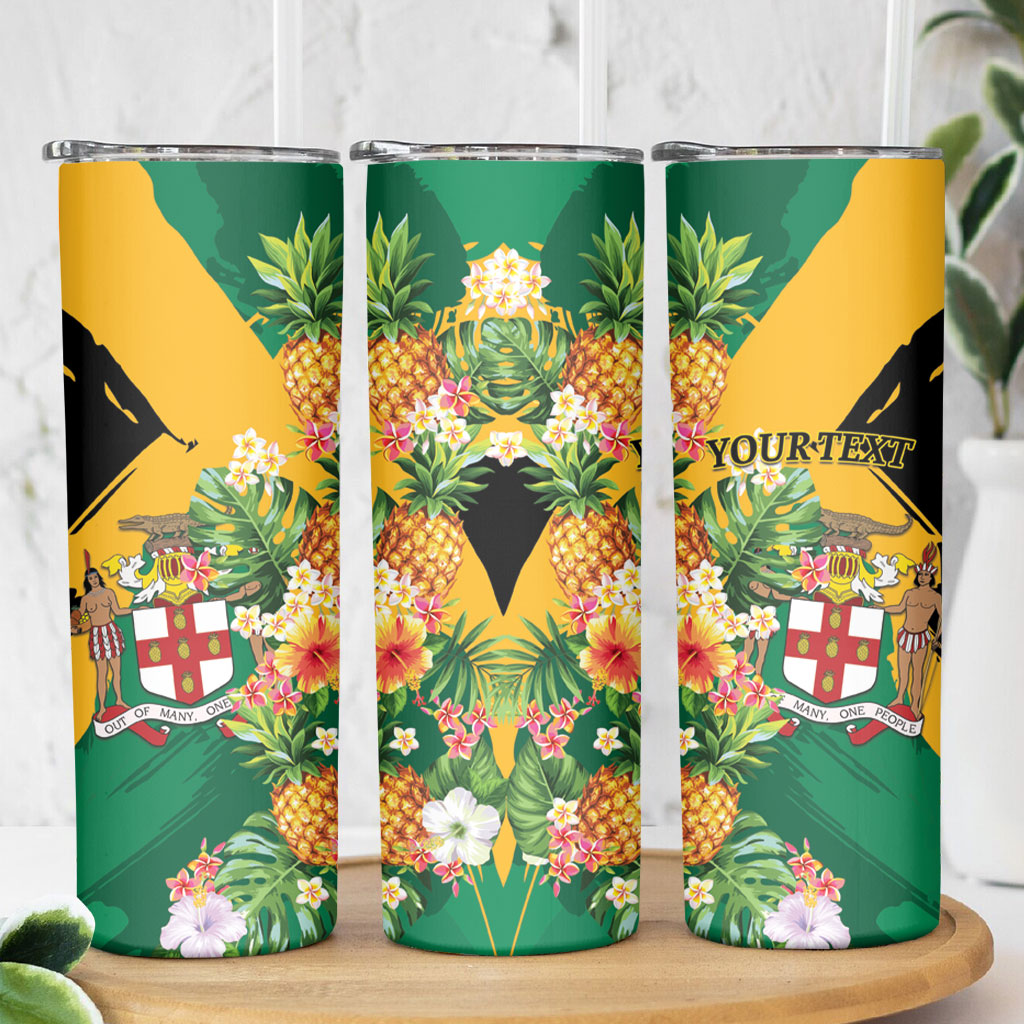Personalized Jamaica Pineapple Skinny Tumbler Coat of Arms Tropical Flowers