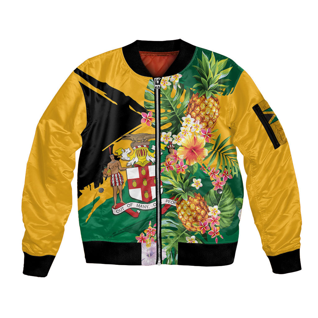 Personalized Jamaica Pineapple Sleeve Zip Bomber Jacket Coat of Arms Tropical Flowers