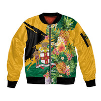 Personalized Jamaica Pineapple Sleeve Zip Bomber Jacket Coat of Arms Tropical Flowers