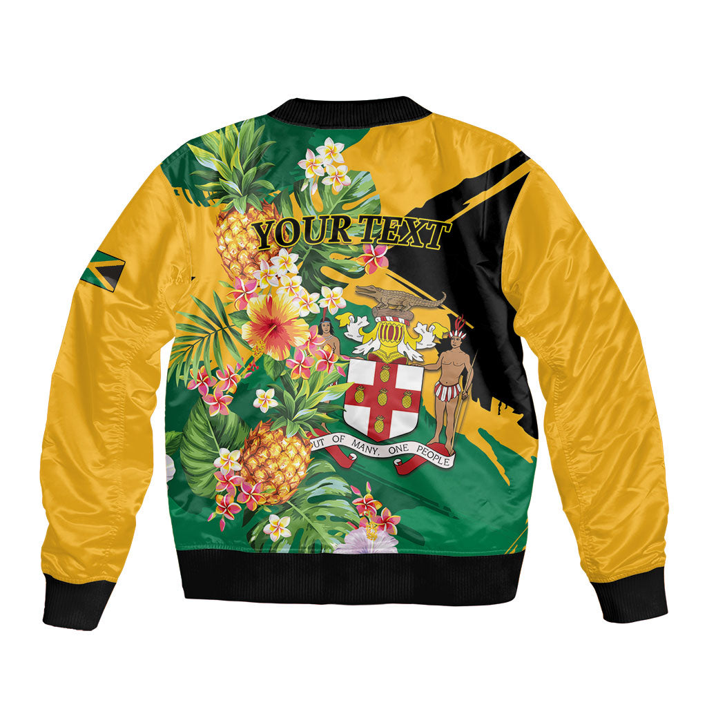 Personalized Jamaica Pineapple Sleeve Zip Bomber Jacket Coat of Arms Tropical Flowers