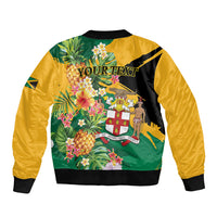 Personalized Jamaica Pineapple Sleeve Zip Bomber Jacket Coat of Arms Tropical Flowers