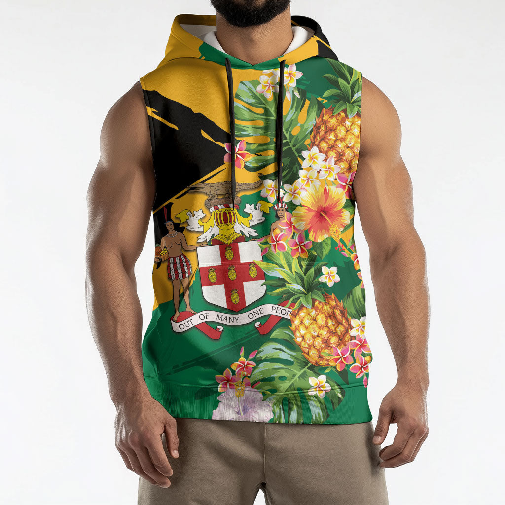 Personalized Jamaica Pineapple Sleeveless Hoodie Coat of Arms Tropical Flowers