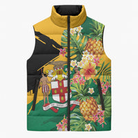 Personalized Jamaica Pineapple Sleeveless Puffer Jacket Coat of Arms Tropical Flowers