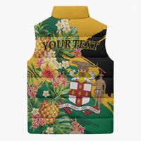 Personalized Jamaica Pineapple Sleeveless Puffer Jacket Coat of Arms Tropical Flowers