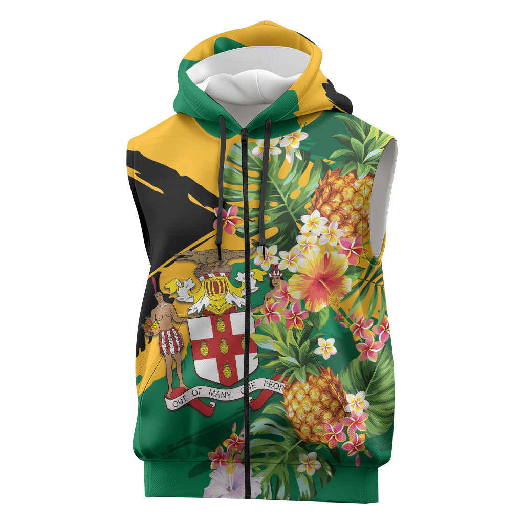 Personalized Jamaica Pineapple Sleeveless Zip Hoodie Coat of Arms Tropical Flowers