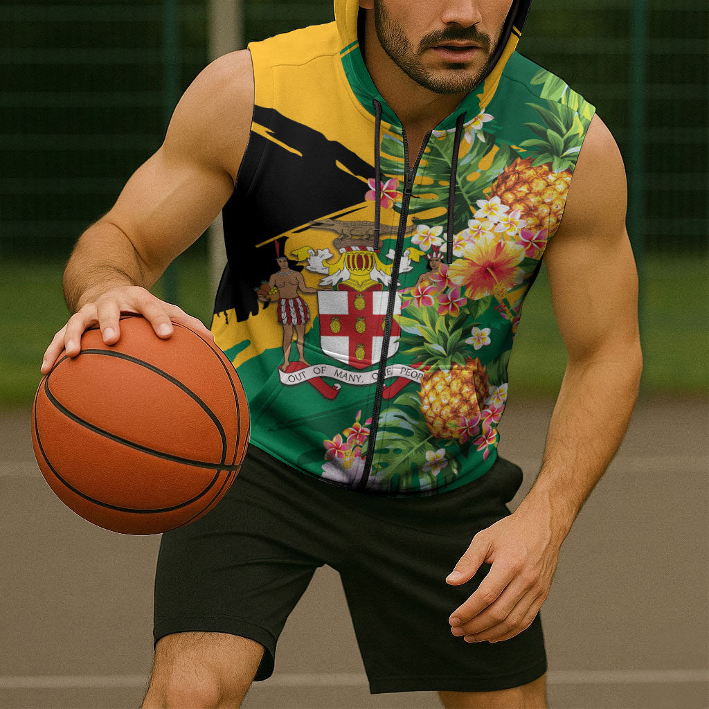 Personalized Jamaica Pineapple Sleeveless Zip Hoodie Coat of Arms Tropical Flowers