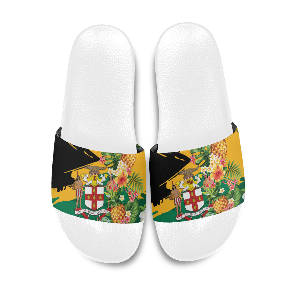 Jamaica Pineapple Slide Sandals Coat of Arms Tropical Flowers
