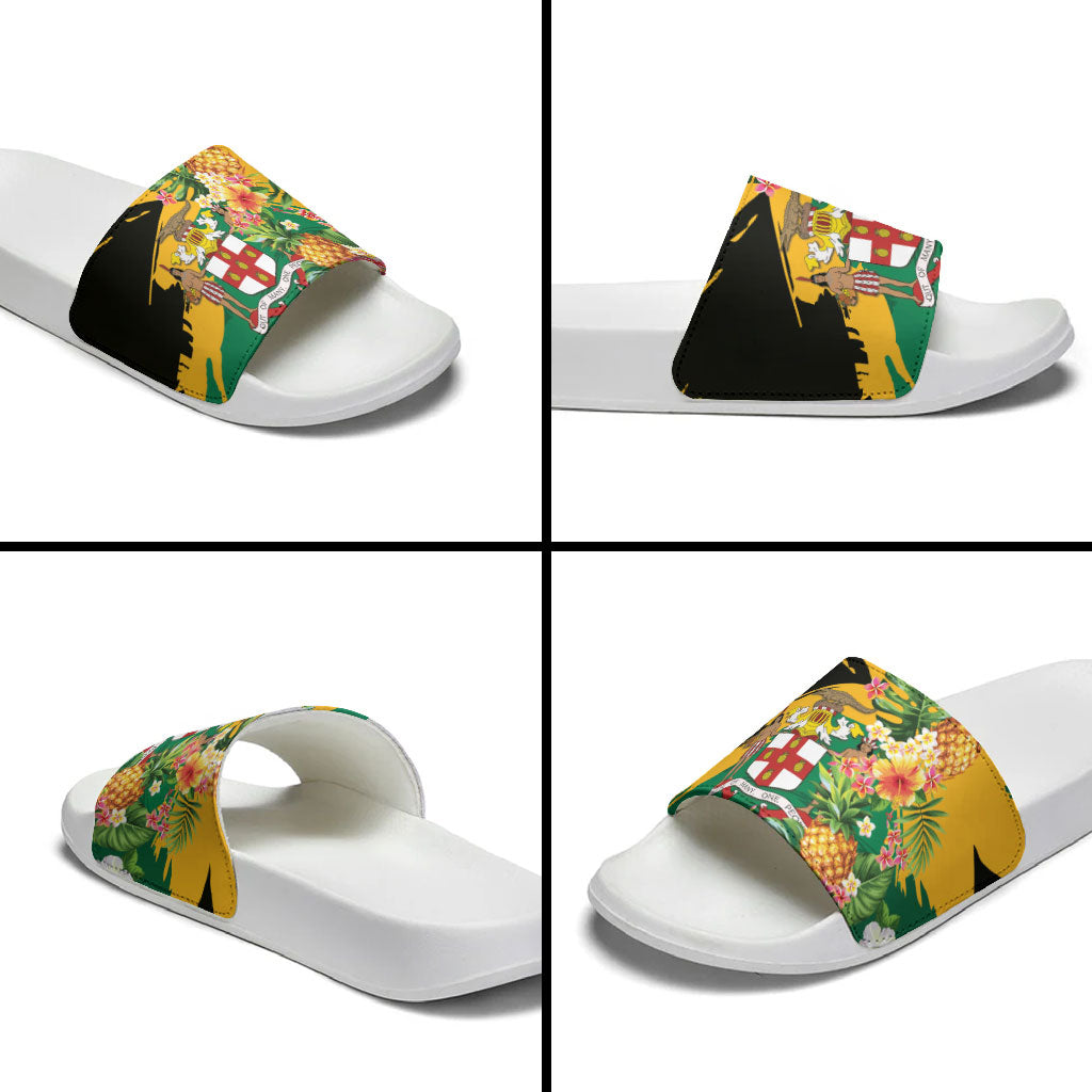 Jamaica Pineapple Slide Sandals Coat of Arms Tropical Flowers