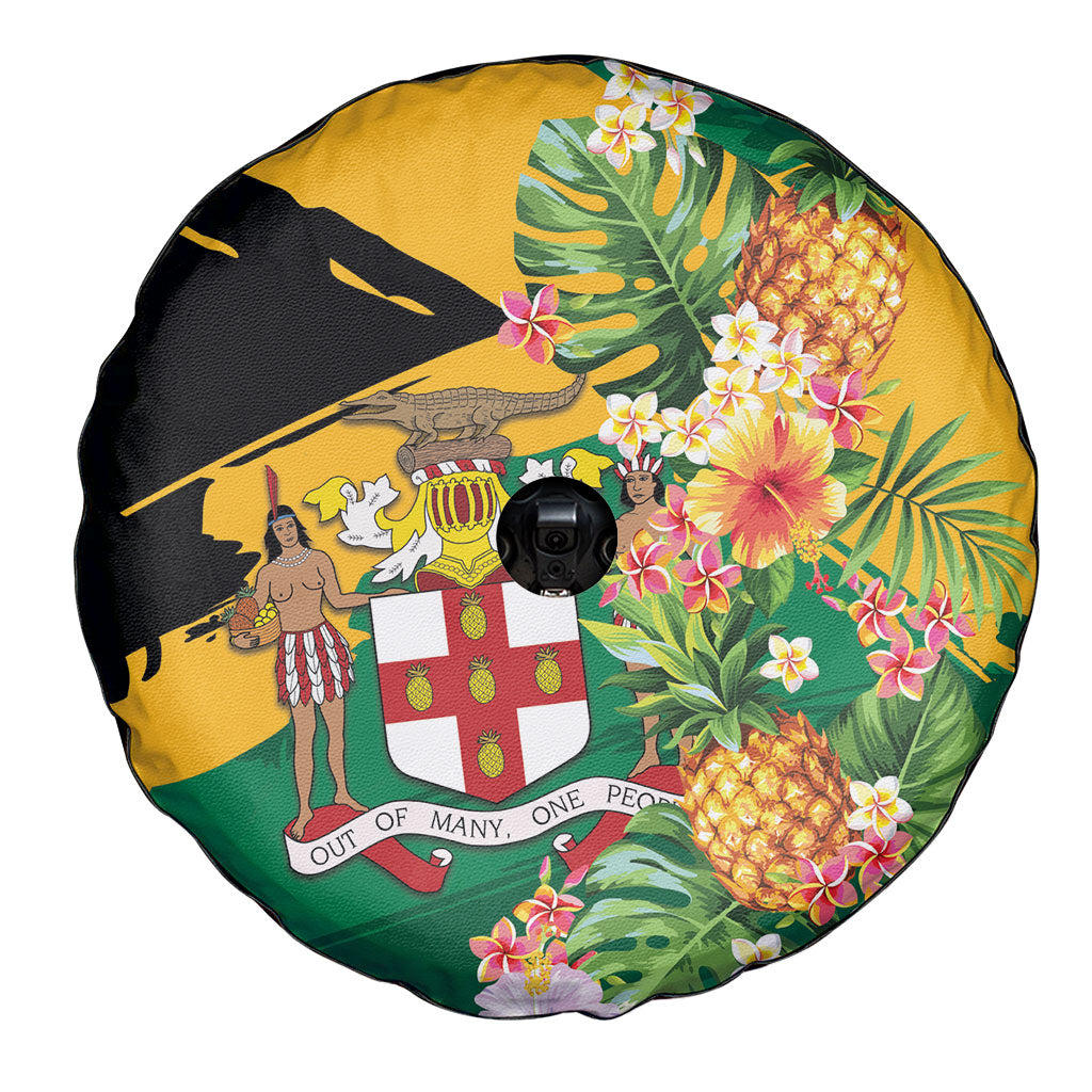 Jamaica Pineapple Spare Tire Cover Coat of Arms Tropical Flowers