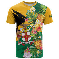 Personalized Jamaica Pineapple T Shirt Coat of Arms Tropical Flowers
