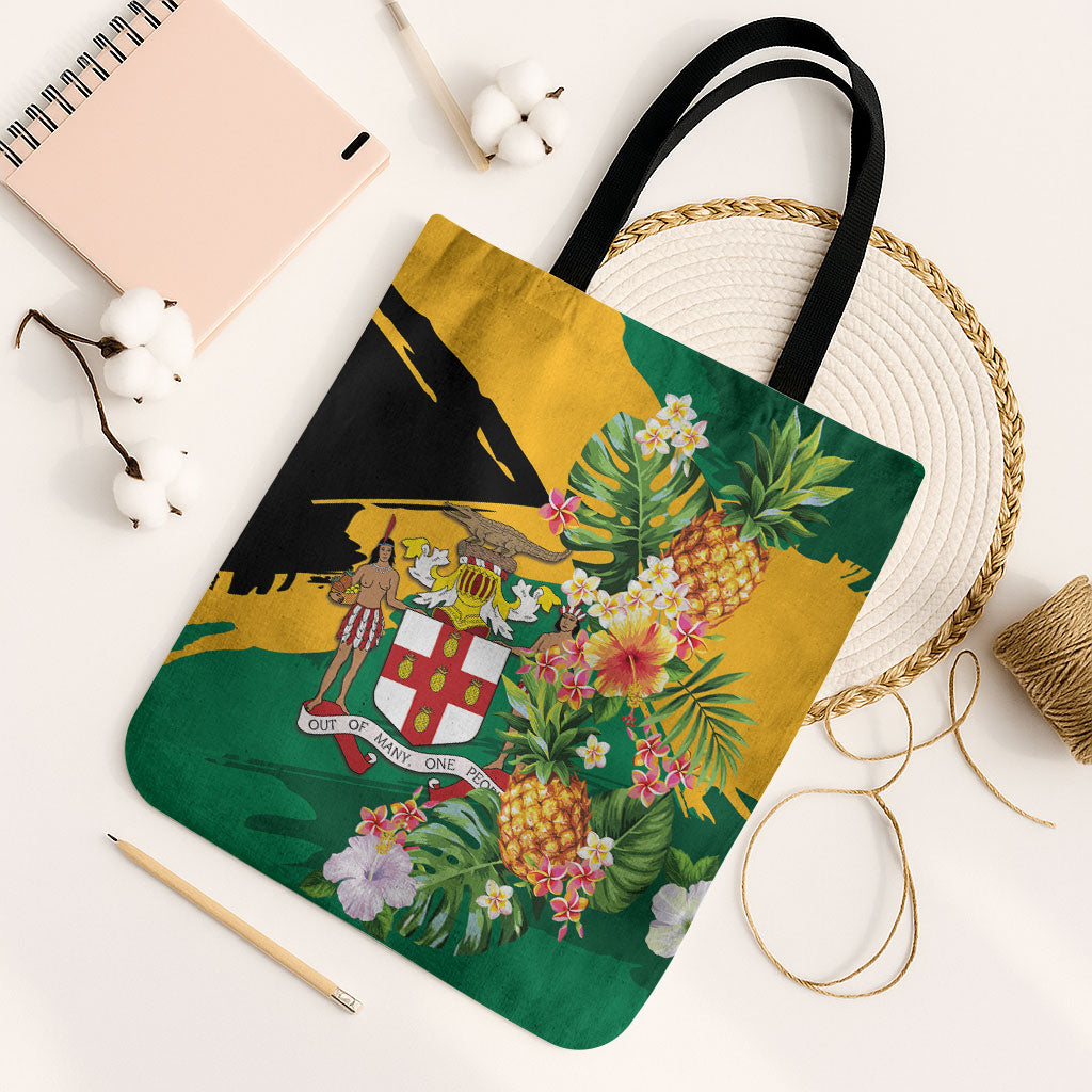 Jamaica Pineapple Tote Bag Coat of Arms Tropical Flowers
