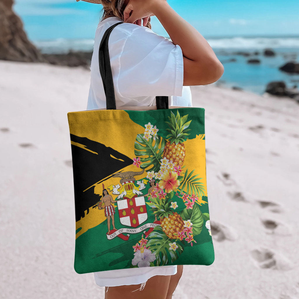 Jamaica Pineapple Tote Bag Coat of Arms Tropical Flowers