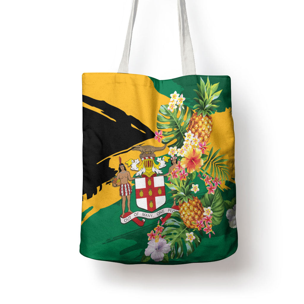 Jamaica Pineapple Tote Bag Coat of Arms Tropical Flowers