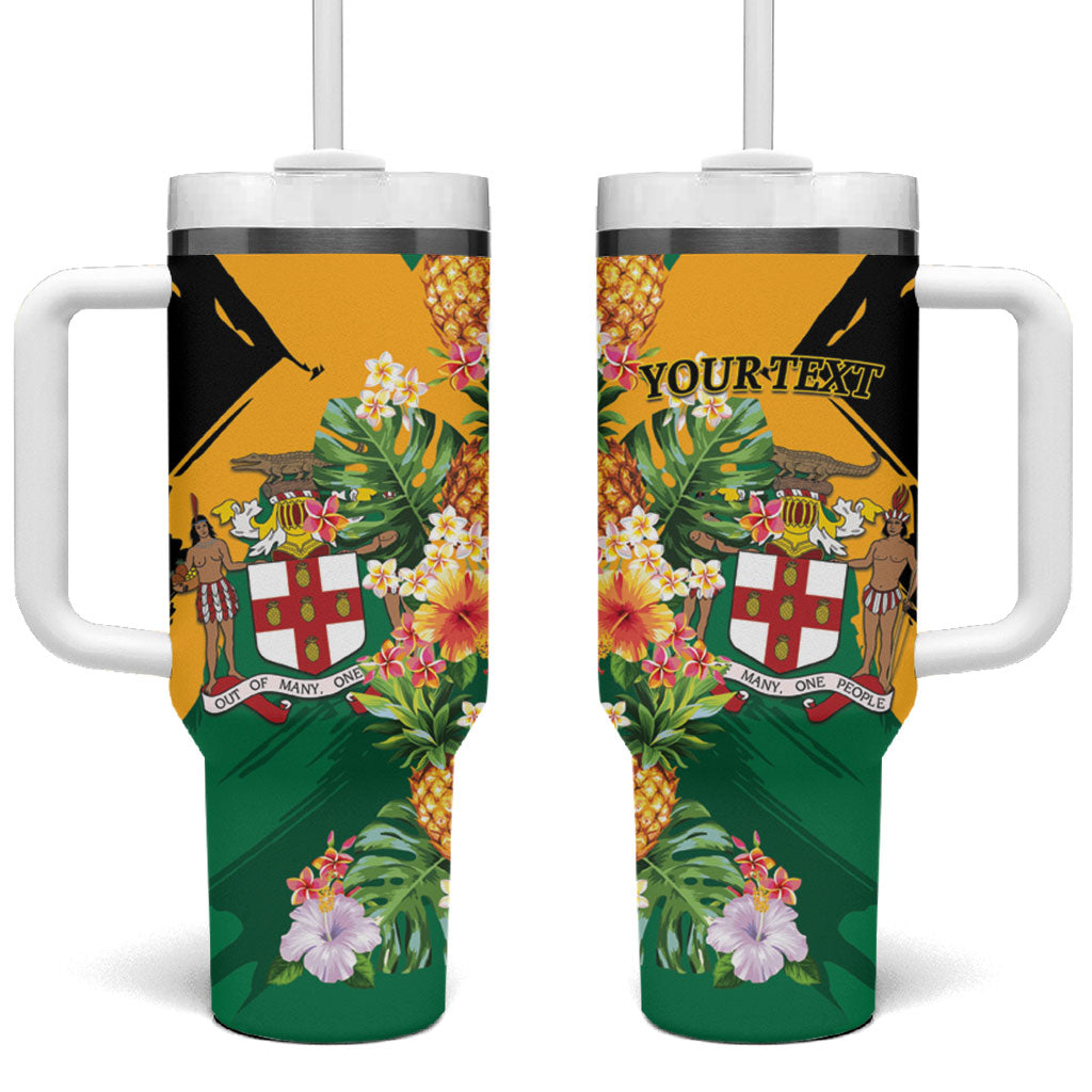 Personalized Jamaica Pineapple Tumbler With Handle Coat of Arms Tropical Flowers