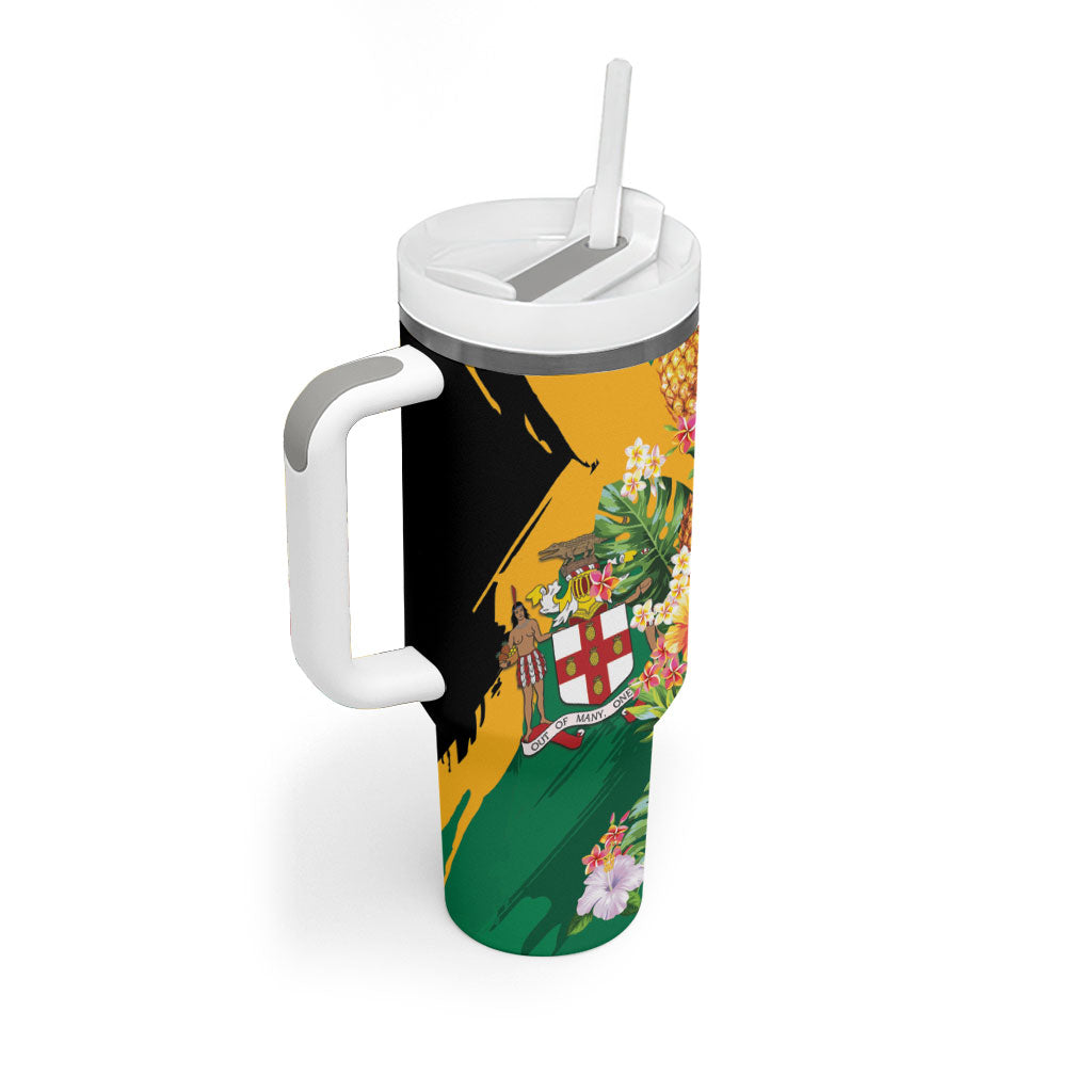 Personalized Jamaica Pineapple Tumbler With Handle Coat of Arms Tropical Flowers