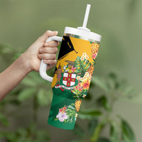 Personalized Jamaica Pineapple Tumbler With Handle Coat of Arms Tropical Flowers