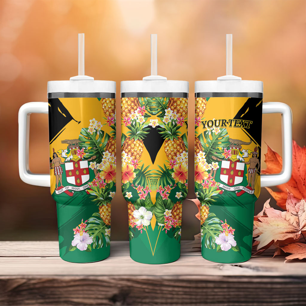 Personalized Jamaica Pineapple Tumbler With Handle Coat of Arms Tropical Flowers