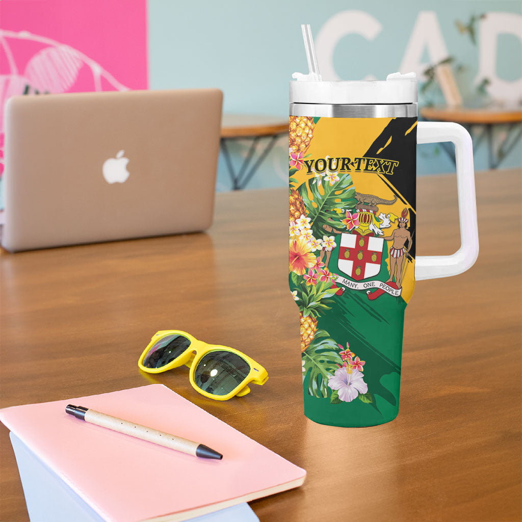 Personalized Jamaica Pineapple Tumbler With Handle Coat of Arms Tropical Flowers
