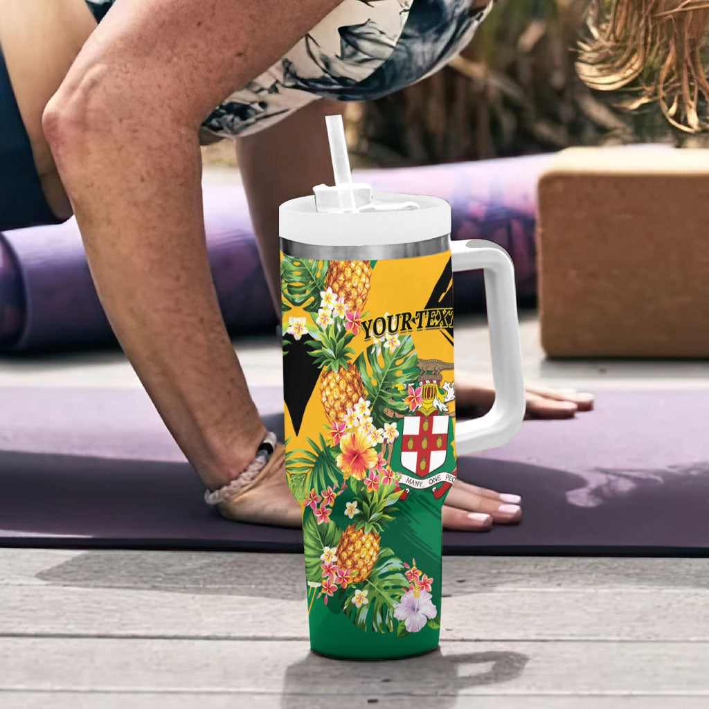 Personalized Jamaica Pineapple Tumbler With Handle Coat of Arms Tropical Flowers