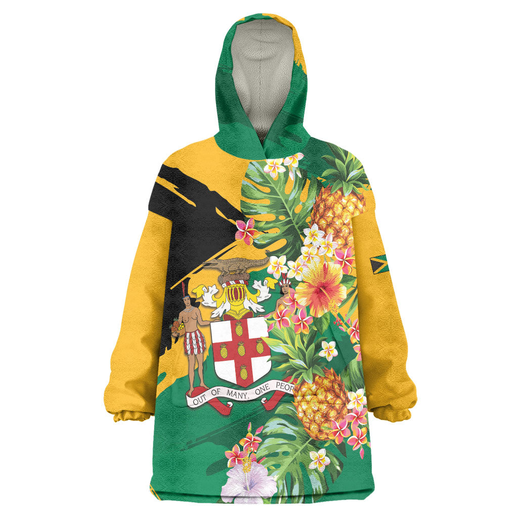Personalized Jamaica Pineapple Wearable Blanket Hoodie Coat of Arms Tropical Flowers