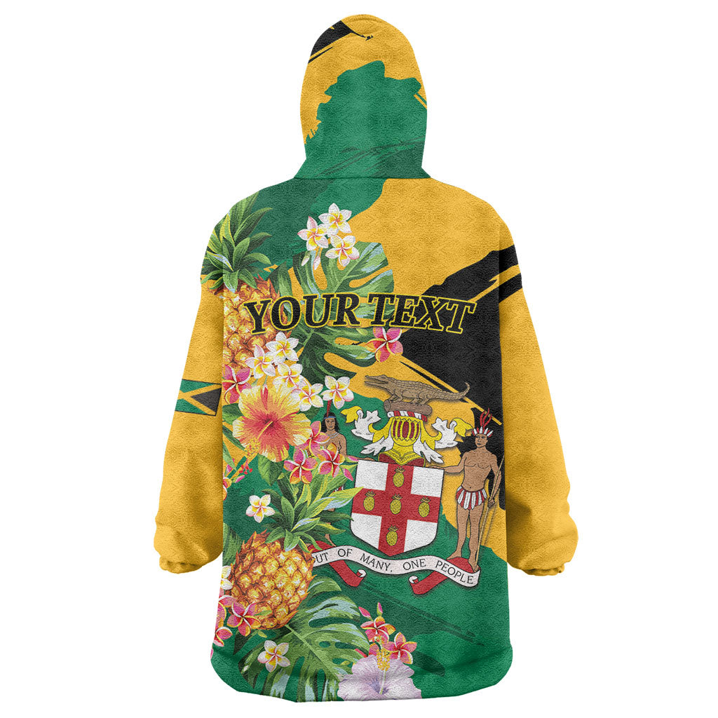 Personalized Jamaica Pineapple Wearable Blanket Hoodie Coat of Arms Tropical Flowers