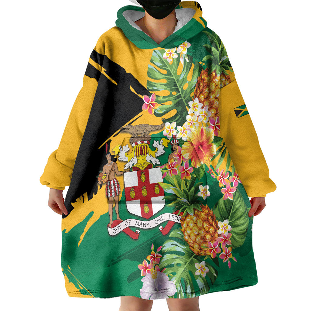 Personalized Jamaica Pineapple Wearable Blanket Hoodie Coat of Arms Tropical Flowers