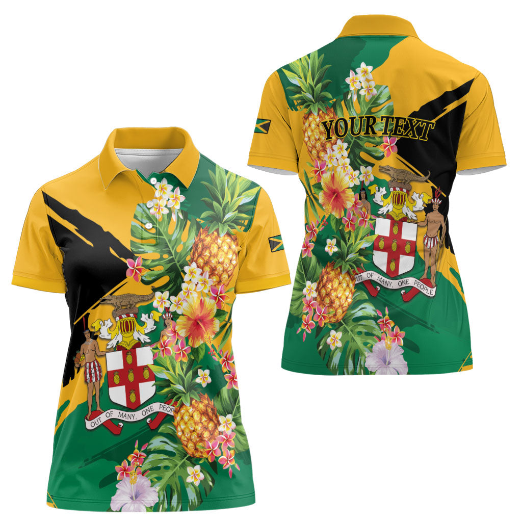 Personalized Jamaica Pineapple Women Polo Shirt Coat of Arms Tropical Flowers
