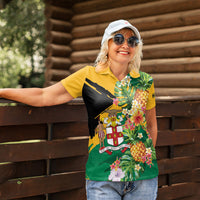 Personalized Jamaica Pineapple Women Polo Shirt Coat of Arms Tropical Flowers