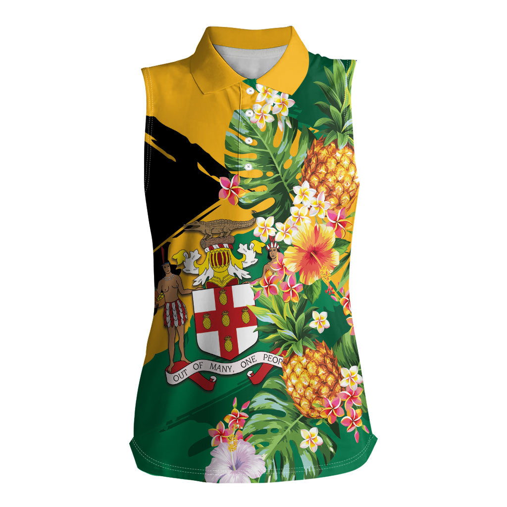 Personalized Jamaica Pineapple Women Sleeveless Polo Shirt Coat of Arms Tropical Flowers