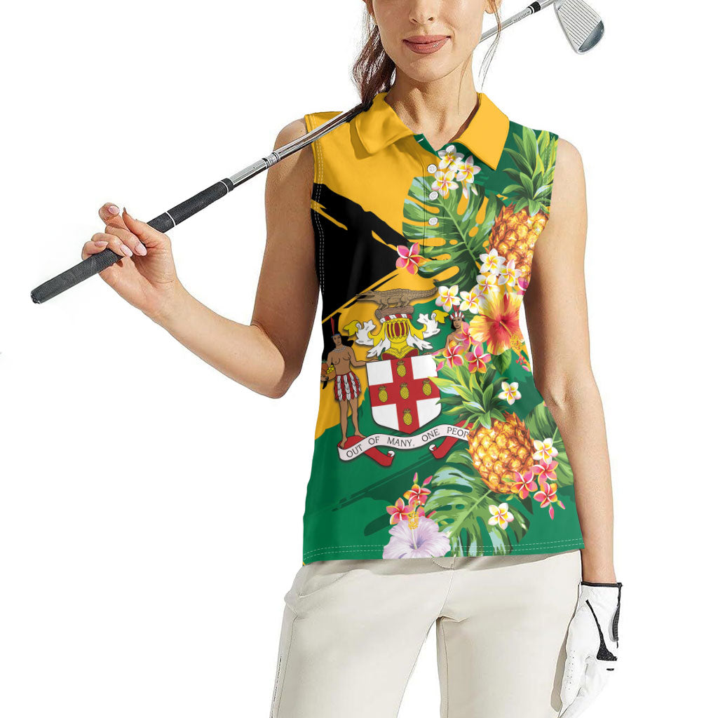Personalized Jamaica Pineapple Women Sleeveless Polo Shirt Coat of Arms Tropical Flowers