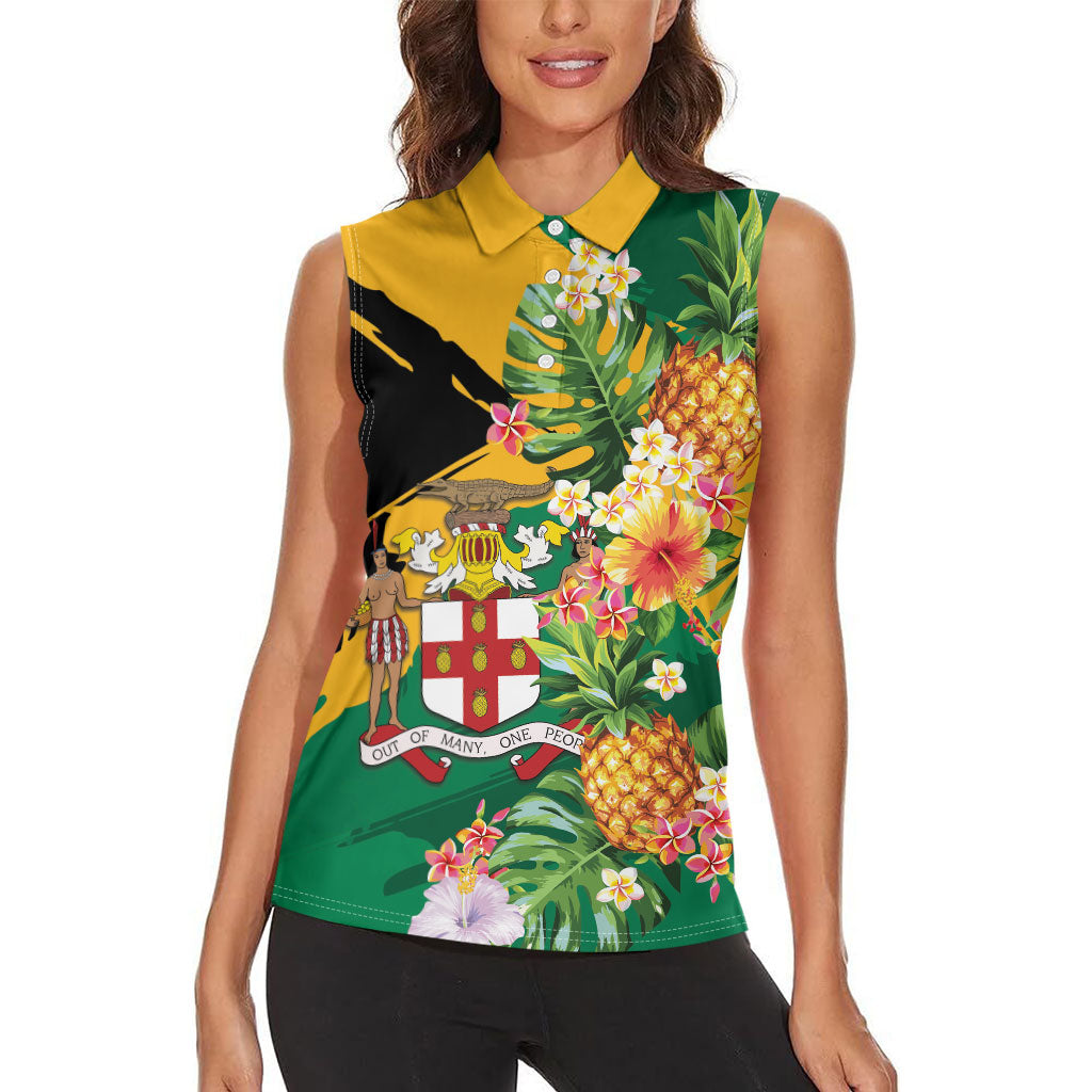Personalized Jamaica Pineapple Women Sleeveless Polo Shirt Coat of Arms Tropical Flowers