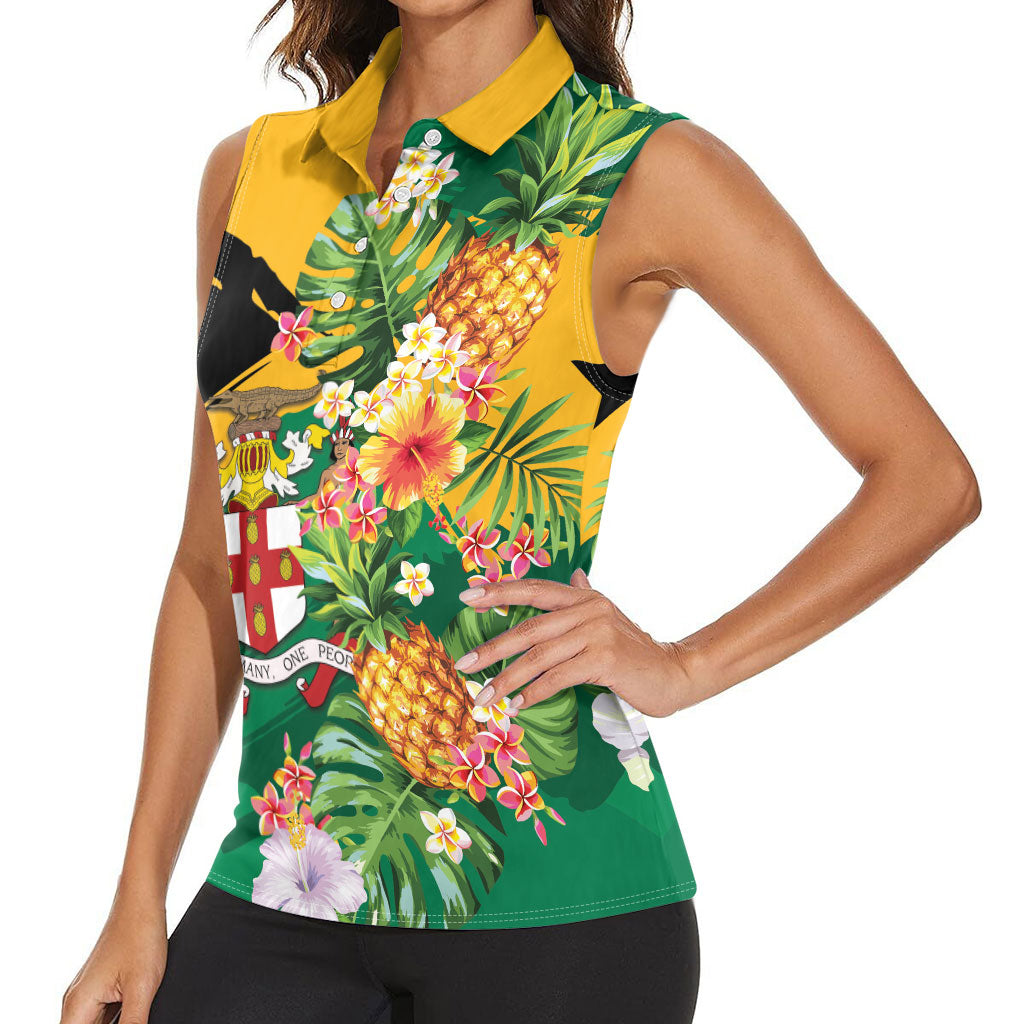 Personalized Jamaica Pineapple Women Sleeveless Polo Shirt Coat of Arms Tropical Flowers