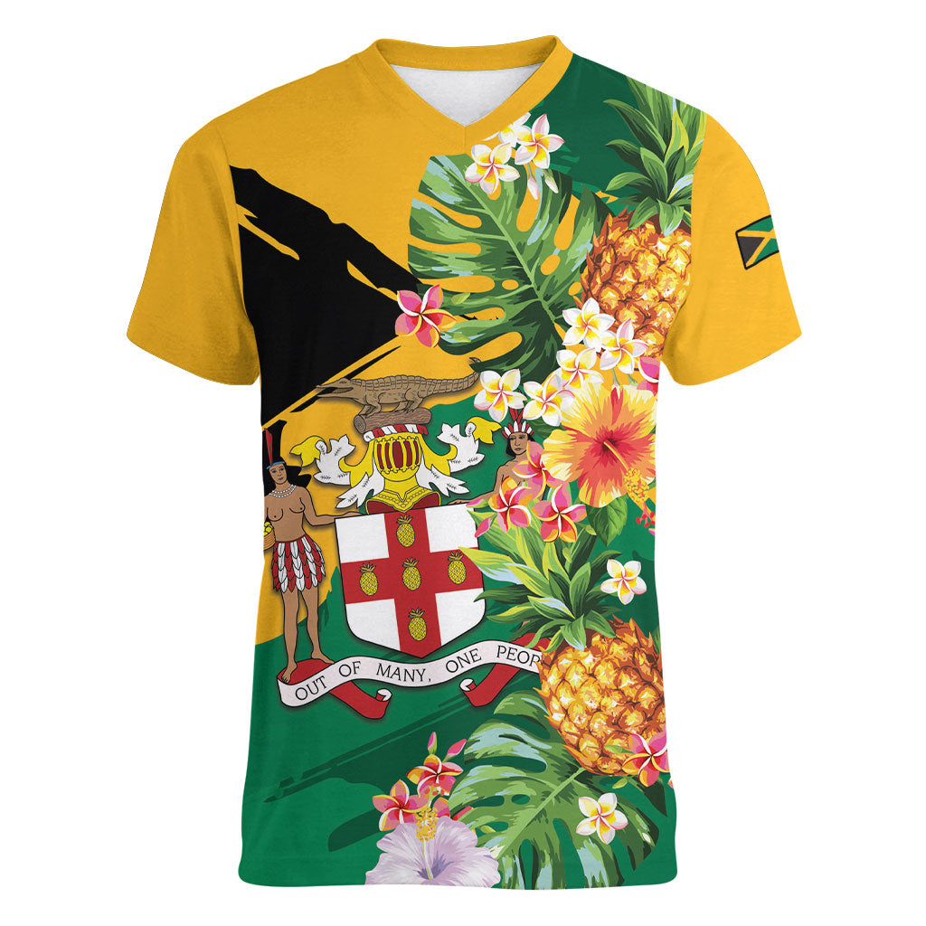 Personalized Jamaica Pineapple Women V-Neck T-Shirt Coat of Arms Tropical Flowers