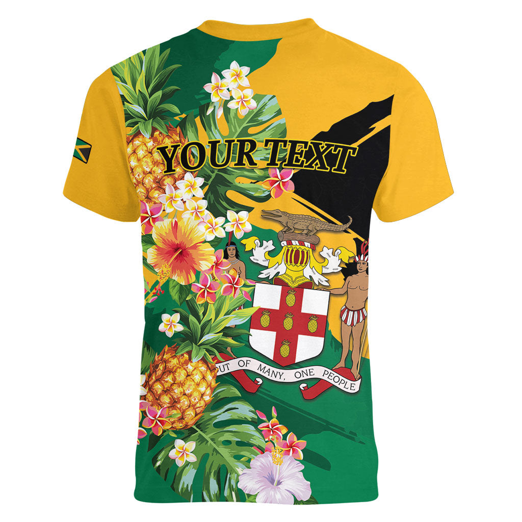Personalized Jamaica Pineapple Women V-Neck T-Shirt Coat of Arms Tropical Flowers