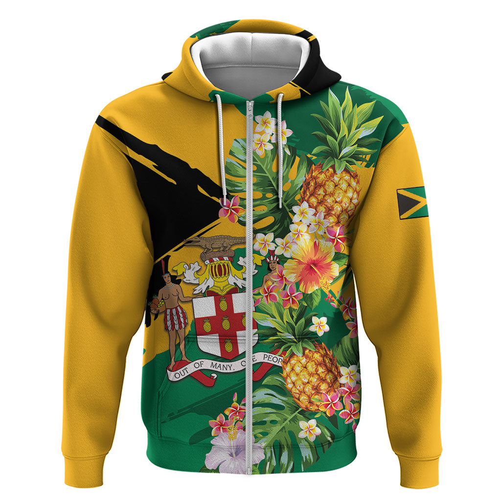 Personalized Jamaica Pineapple Zip Hoodie Coat of Arms Tropical Flowers