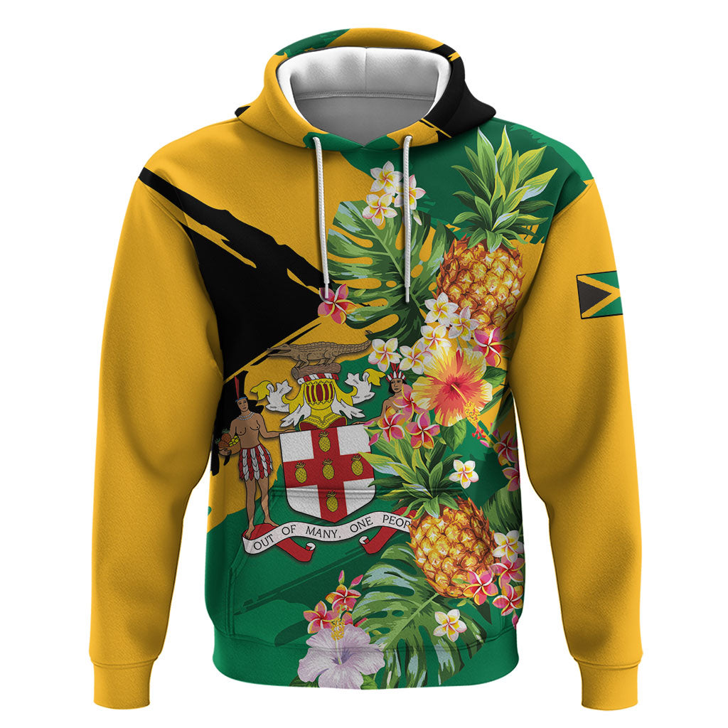 Personalized Jamaica Pineapple Zip Hoodie Coat of Arms Tropical Flowers
