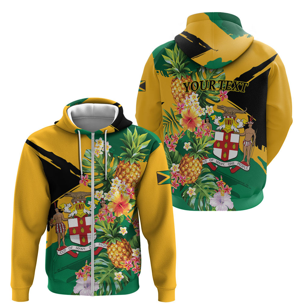 Personalized Jamaica Pineapple Zip Hoodie Coat of Arms Tropical Flowers