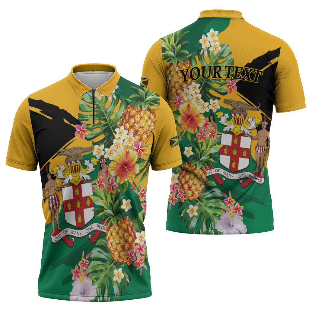 Personalized Jamaica Pineapple Zipper Polo Shirt Coat of Arms Tropical Flowers